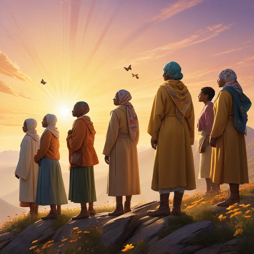 A powerful illustration of a diverse group of cancer survivors standing triumphantly on a mountain peak, bathed in golden sunlight. The scene includes elements of nature, like blooming flowers and butterflies, symbolizing transformation and hope. Each person displays a unique story, with subtle hints like a head scarf, a supportive friend, or a medical chart, emphasizing their journey. The background features a majestic sunrise, representing a new beginning. super-realistic. vibrant colors. inspirational.