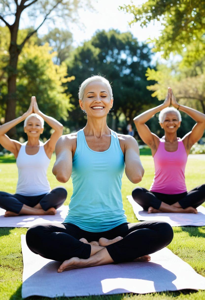 A serene scene depicting a diverse group of cancer survivors engaging in various wellness activities, such as yoga, meditation, and laughter therapy, set in a sunlit park adorned with blooming flowers. Include uplifting elements like vibrant energy beams and supportive gestures among participants, symbolizing hope and empowerment. The atmosphere should be cheerful and calm, emanating positivity and resilience. A clear blue sky in the background adds to the uplifting feel. vibrant colors. super-realistic.