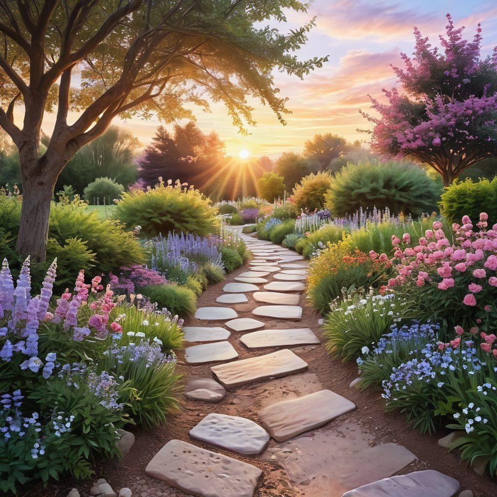 A serene landscape featuring a winding path through a blooming garden symbolizing healing, with supportive hands reaching out from the sides, creating a sense of community. In the background, a warm sunrise symbolizes hope and new beginnings. Soft pastel colors evoke feelings of calm and support. super-realistic. vibrant colors. gentle atmosphere.